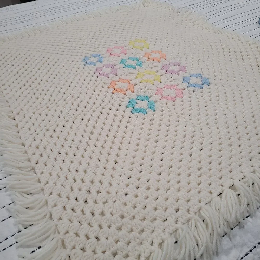 Vintage Cream Knit Lap Afghan Blanket with Colorful Flowers